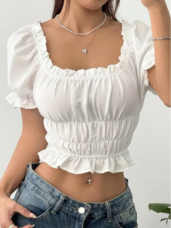 White Puff Sleeve Crop Top