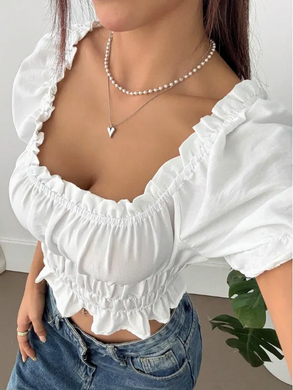White Puff Sleeve Crop Top