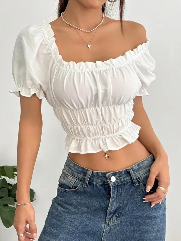 Frill Hem Puff Sleeve Cropped Blouse Top