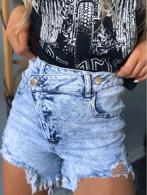 High Waisted Distressed Denim Shorts with Frayed Hem