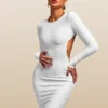 White Bandage Dress with Long Sleeves and Open Back