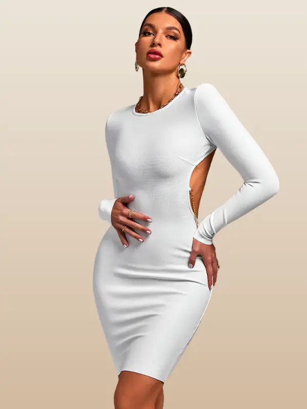 Eterna White Long Sleeve Backless Bandage Dress