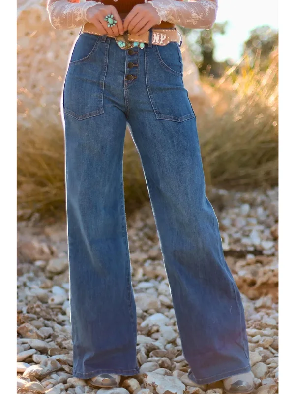 High Waisted Wide Leg Jeans for Women with Button Front