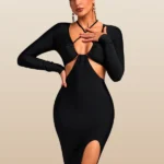 Shadow Sculpt Long Sleeve Midi Dress in Black