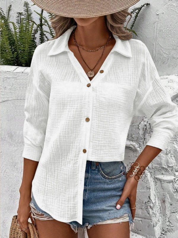 Long Sleeve Button Down Shirt For Women with Lightweight Textured