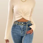 Twist Front Cropped Ribbed Knit Top