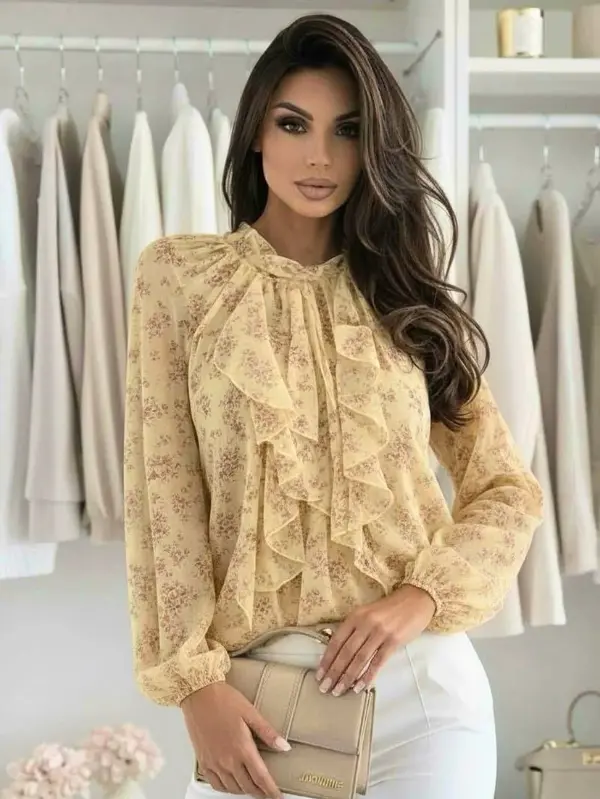Milani Floral Sheer Ruffle High Neck Chiffon Blouse Top