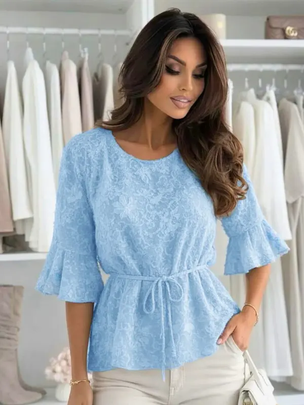 Nadia Floral Eyelash Textured Pleated Tie-Waist Blouse Top